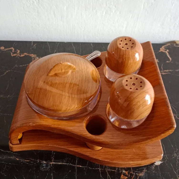 NEW WOOD STYLE SALT & PAPPER SHAKER SET SUGAR POT & TOOTHPICK HOLDER